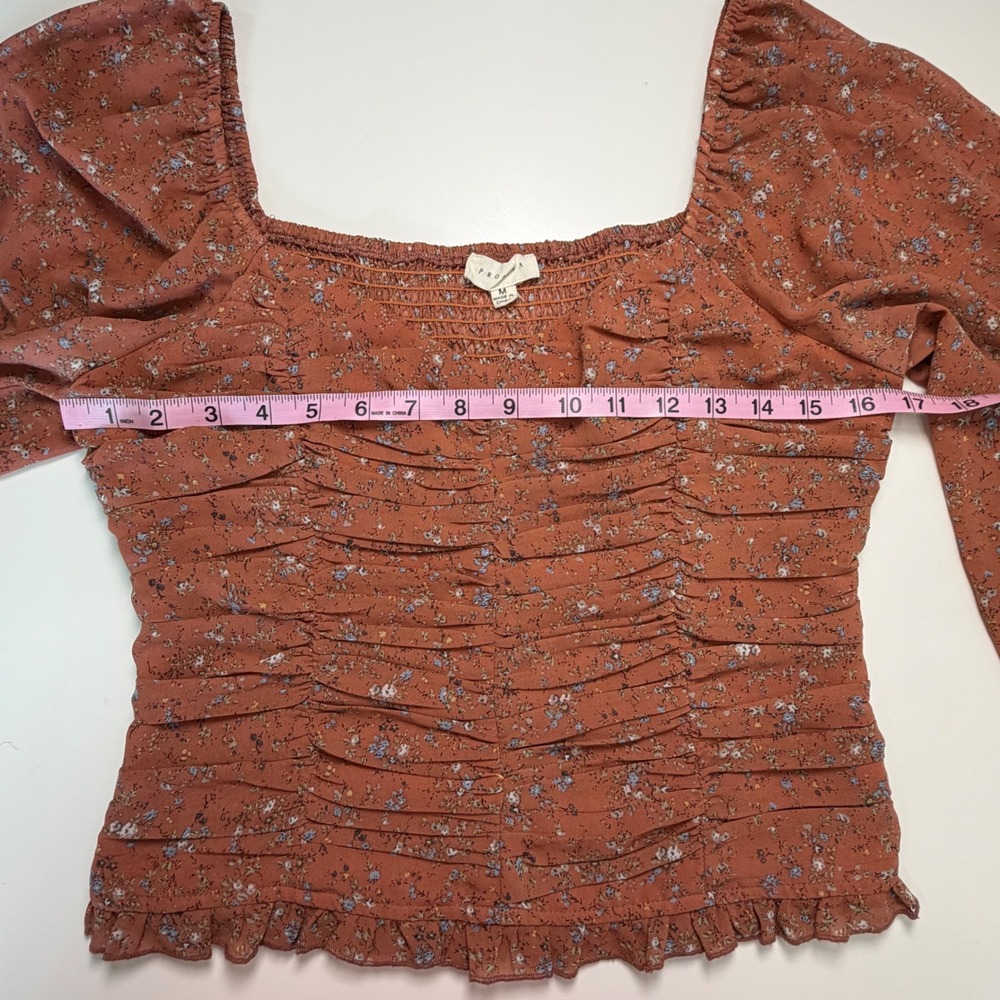 Promesa Rust Floral Ruched Long Sleeve‎ Blouse Square Neck Smocked Cuff Medium - Picture 6 of 11